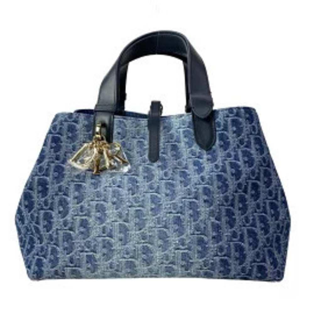 Christian Dior Toujours Bag Handbag Denim Navy Blue x White Black Leather